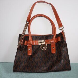 Michael Kors Hamilton Satchel Purse Tote Crossbody Handbag Signature Brown Logo.